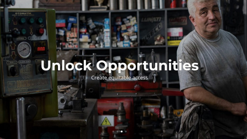 A graphic courtesy of Startup Space shows a man with white hair standing in a garage, with text reading "Unlock Opportunities. Create equitable access."